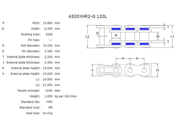 AFAM Kjede 520XHR2-G -Gull,Xs, 108L Kraftig og slitesterkt 520 X-Ring kjede
