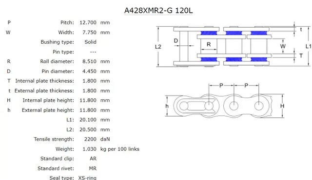 AFAM Kjede, 428XMR2-G - Gull, Xs, 134L Forsterket Xs-ring Kjede i Gullfarge 