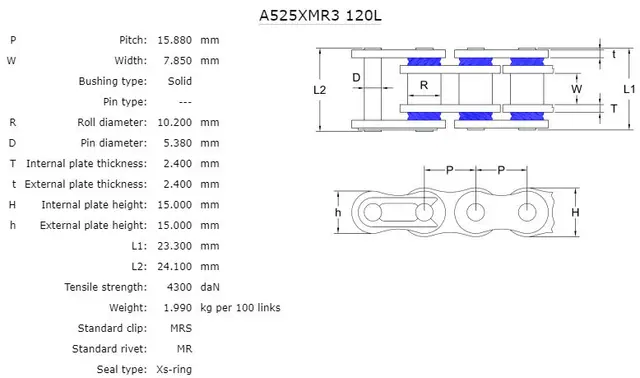 AFAM Kjede 525XMR-3, Stål, Xs, 118L Xs-ring Ekstra Forsterket, Stål 